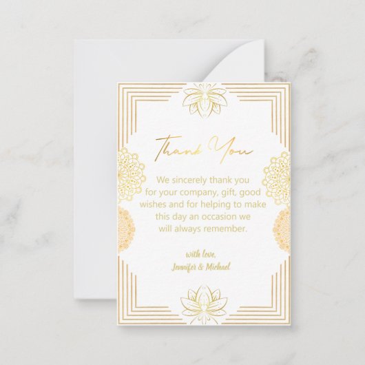 elegant indian goud geometrisch dank je bruiloft notitiekaartje (Voorkant)