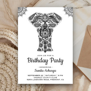 Elegant Indian Henna Elephant Birthday Party Kaart