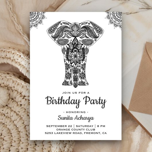 Elegant Indian Henna Elephant Birthday Party Kaart