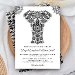 Elegant Indian Henna Elephant Wedding Invitation Kaart<br><div class="desc">Verrijk je gasten met deze elegante etnische trouwuitnodiging met een mooie artistieke olifant tegen een witte achtergrond. Voeg eenvoudig uw gebeurtenisdetails op deze makkelijk te gebruiken sjabloon toe om het één-van-een-soort uitnodiging te maken. Draai de kaart om een elegant zwart-wit traditioneel Indiaas patroon op de achterkant van de kaart te...</div>