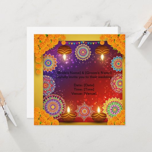 Elegant Indian Rangoli Wedding Invitation Kaart (Voorkant / Achterkant in situ)