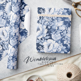 Elegant Indigo Blauw Bloemenpatroon Cadeaupapier