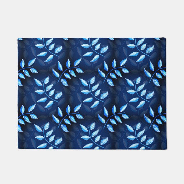 Elegant Indigo Blue Plant Patroon Deurmat (Voorkant)