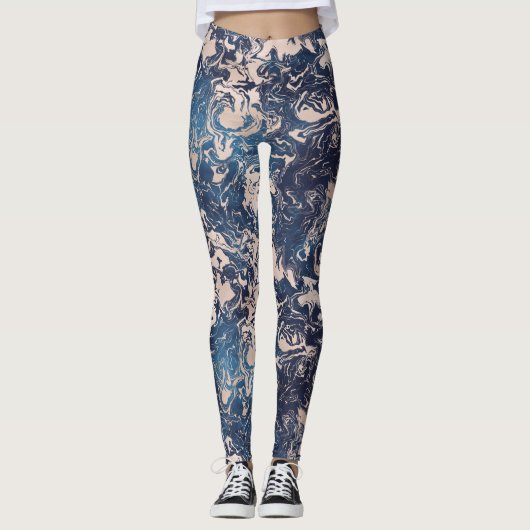 Elegant Indigo Blue Roze Cream Marble Pattern Yoga Leggings (Voorkant)