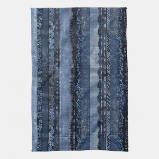 Elegant Indigo Lace Stripe Denim Pattern Theedoek (Verticaal)