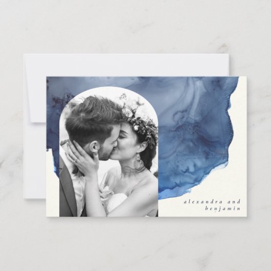 Elegant Indigo Waterverf Art Custom Wedding Photo Bedankkaart (Voorkant)
