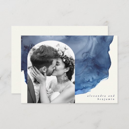 Elegant Indigo Waterverf Art Custom Wedding Photo Bedankkaart (Voorkant / Achterkant)
