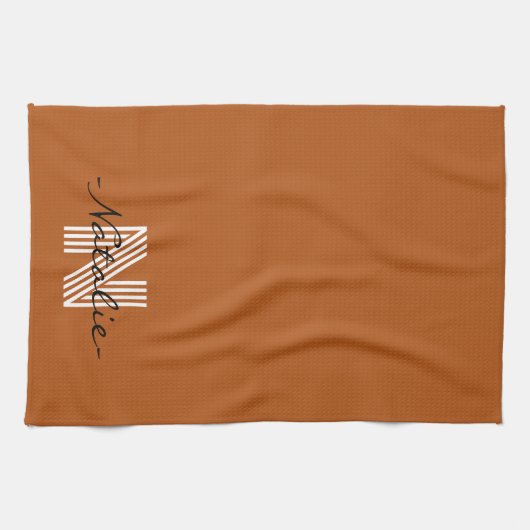 Elegant initiaal en script Cute brown Minimalist Theedoek (Horizontaal)