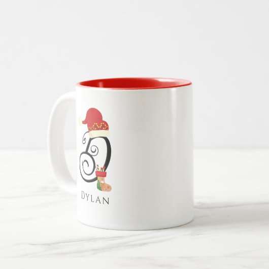 Elegant Initiaal Modern Script Letter D Christmas Tweekleurige Koffiemok (Voorkant links)