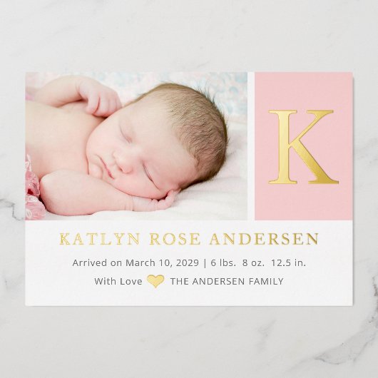 Elegant Initiaal monogram Fotoaankondiging baby Folie Uitnodiging (Voorkant)