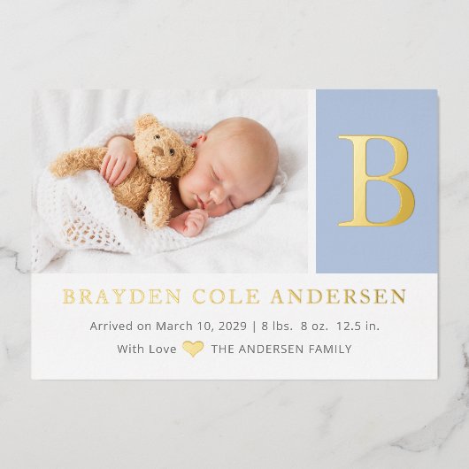 Elegant Initiaal monogram Fotoaankondiging baby Folie Uitnodiging (Voorkant)