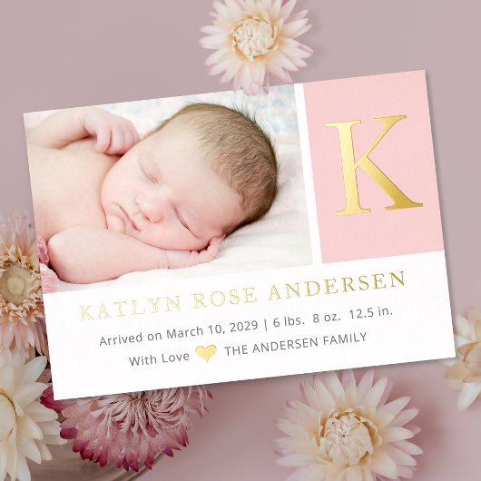 Elegant Initiaal monogram Fotoaankondiging baby Folie Uitnodiging