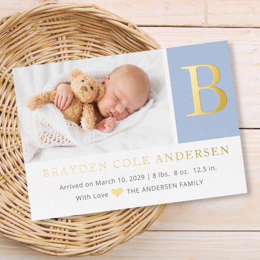 Elegant Initiaal monogram Fotoaankondiging baby Folie Uitnodiging