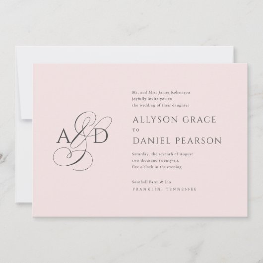 Elegant Initiaal Script Monogram Blush Pink Wedden Kaart (Voorkant)