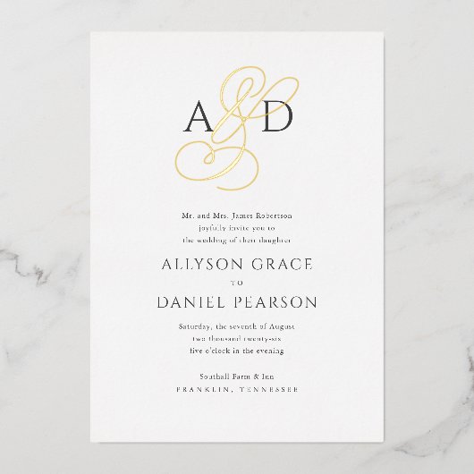 Elegant Initiaal Script Monogram klassieke bruilof Folie Uitnodiging (Voorkant)
