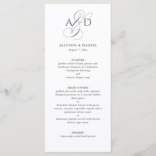 Elegant Initiaal Script Monogram klassieke bruilof Menu (Voorkant)