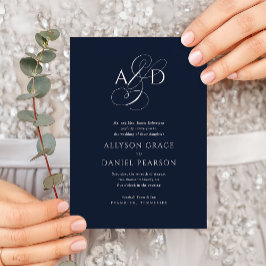 Elegant Initiaal Script Monogram Navy Blue Wedding Kaart