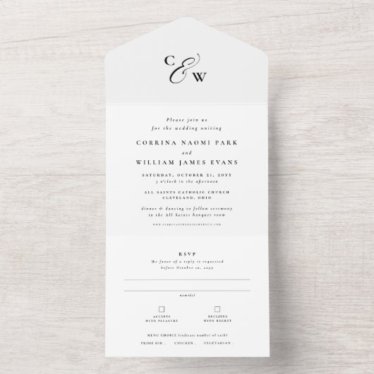 Elegant initialen eenvoudig zwart-wit huwelijk all in one uitnodiging (Binnen)