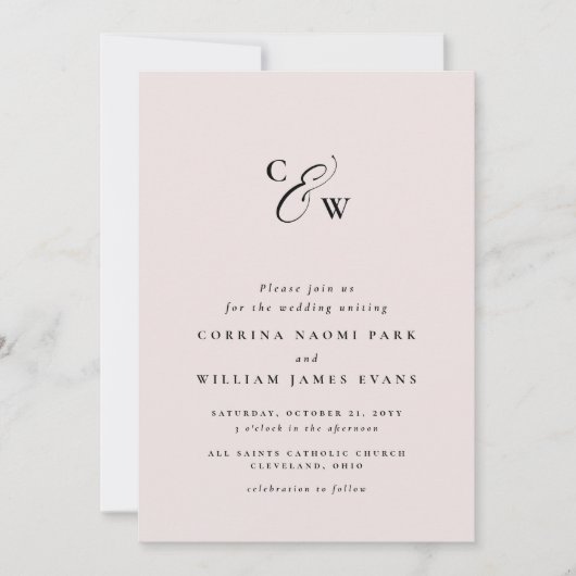 Elegant initialen minimale roze trouwuitnodiging (Voorkant)