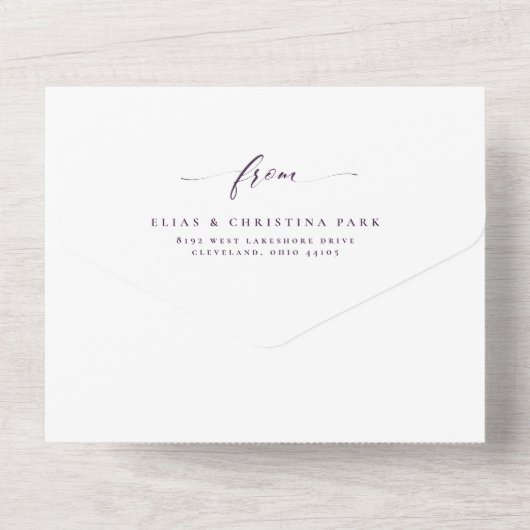 Elegant initialen najaarplum paarse bruiloft all in one uitnodiging (Achterkant)