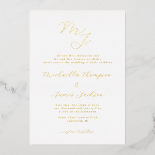 Elegant Initialen Refined Wedding Folie Invitation Uitnodiging (Voorkant)