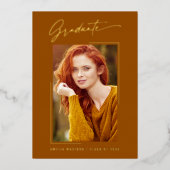 Elegant Ink Script Photo Afstudeerder Rust Oranje  Folie Uitnodiging (Voorkant)