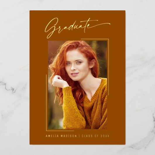 Elegant Ink Script Photo Afstudeerder Rust Oranje  Folie Uitnodiging (Voorkant)