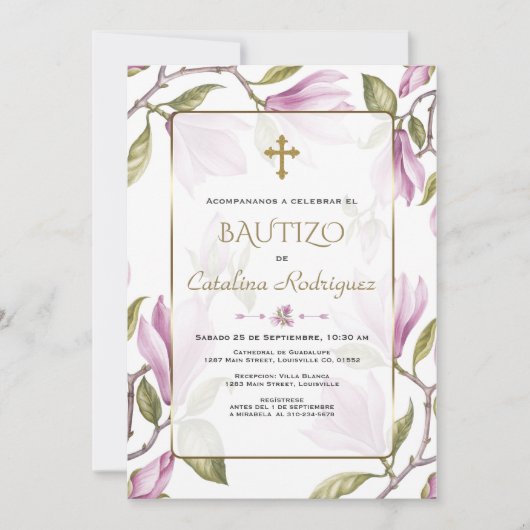 Elegant Invitacion De Bautizo Con Flores Baptisme Kaart (Voorkant)
