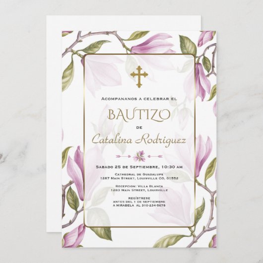 Elegant Invitacion De Bautizo Con Flores Baptisme Kaart (Voorkant / Achterkant)