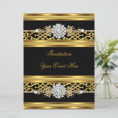 Elegant Invitation Black Lace Gold Jewel Kaart (Staand voorkant)