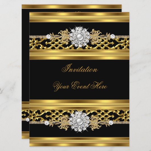 Elegant Invitation Black Lace Gold Jewel Kaart (Voorkant / Achterkant)