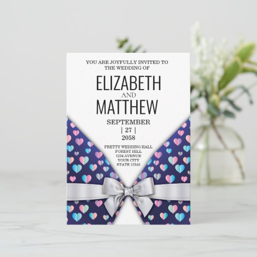 Elegant Invitation Bow and Heart Speckles Aankondiging (Staand voorkant)