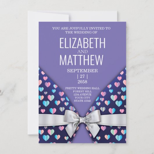 Elegant Invitation Bow and Heart Speckles Aankondiging (Achterkant)