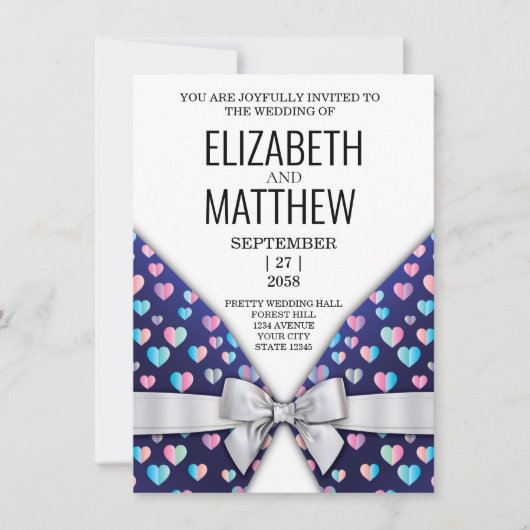 Elegant Invitation Bow and Heart Speckles Aankondiging (Voorkant)
