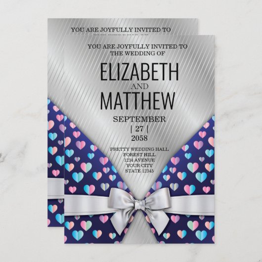 Elegant Invitation Bow and Heart Speckles Aankondiging (Voorkant / Achterkant)