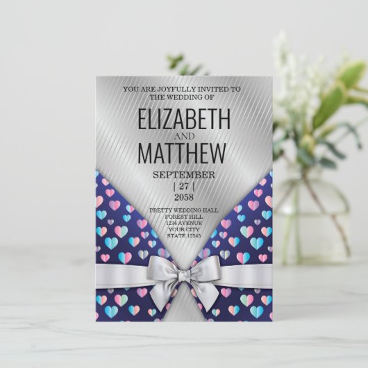 Elegant Invitation Bow and Heart Speckles Aankondiging (Staand voorkant)