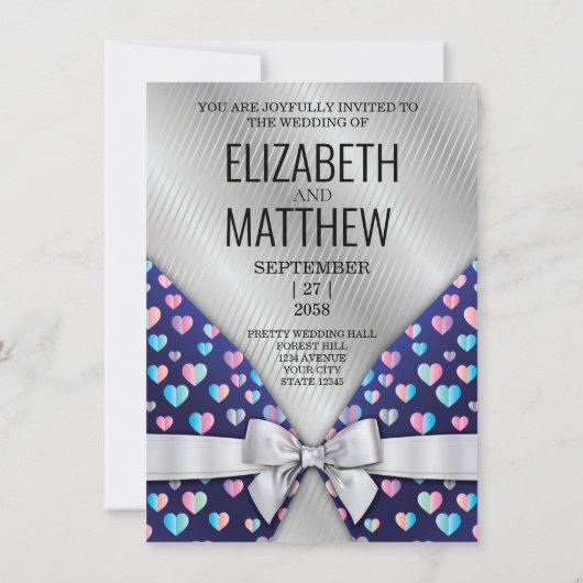 Elegant Invitation Bow and Heart Speckles Aankondiging (Achterkant)