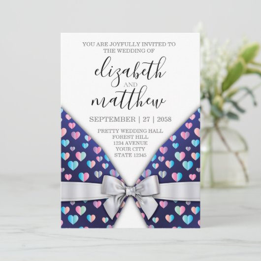 Elegant Invitation Bow and Heart Speckles Kaart (Staand voorkant)