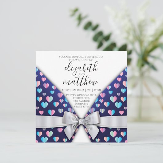 Elegant Invitation Briefkaart Bow and Heart Speckl (Staand voorkant)