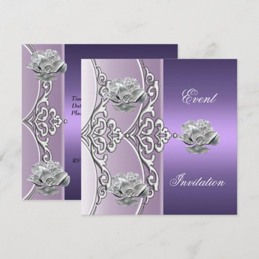 Elegant Invitation Paars Mauve Silver Floral Kaart (Voorkant / Achterkant)