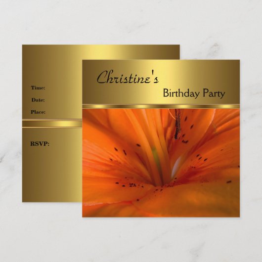 Elegant Invite Birthday Party Gold Oranje Flower Kaart (Voorkant / Achterkant)