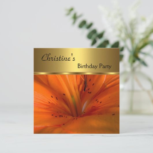 Elegant Invite Birthday Party Gold Oranje Flower Kaart (Staand voorkant)