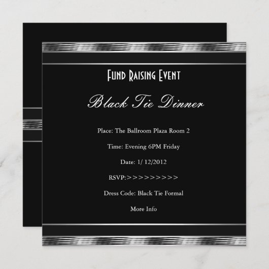 Elegant Invite Fundraiser Formal Silver Black Stro Kaart (Voorkant / Achterkant)