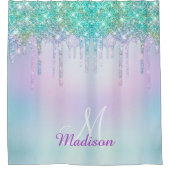 Elegant Iridescent blue glitter druppelt monogram Douchegordijn (Voorkant)