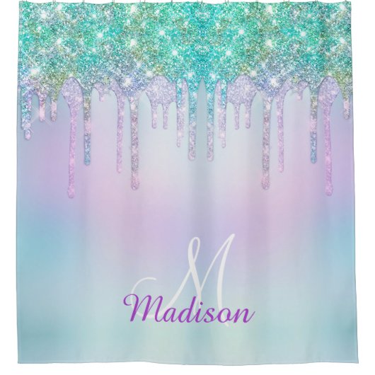 Elegant Iridescent blue glitter druppelt monogram Douchegordijn (Voorkant)