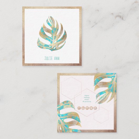 Elegant Iridescent Monstera Leaves, Turquoise+Gold Vierkante Visitekaartje (Voorkant / Achterkant)