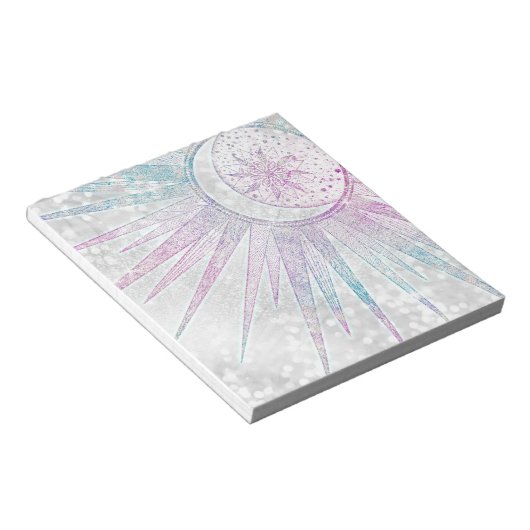 Elegant Iridescent Sun Moon Mandala Silver Design Notitieblok (Schuin)