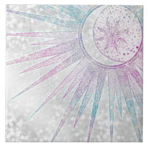 Elegant Iridescent Sun Moon Mandala Silver Design Tegeltje