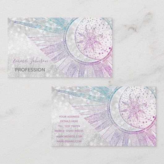 Elegant Iridescent Sun Moon Mandala Silver Design Visitekaartje (Voorkant / Achterkant)