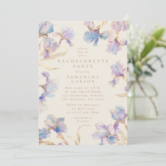 Elegant Iris Bloemen Waterverf Bachelorette Party Kaart (Staand voorkant)